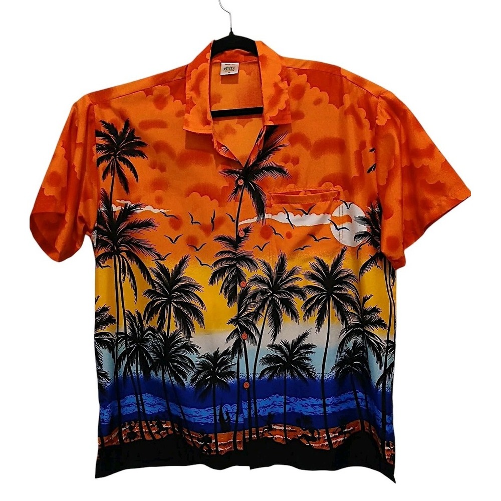 Vintage Tropical Hawaii Shirt Sz XL Orange Sunset Cotton Palm‎ Luau Party Travel